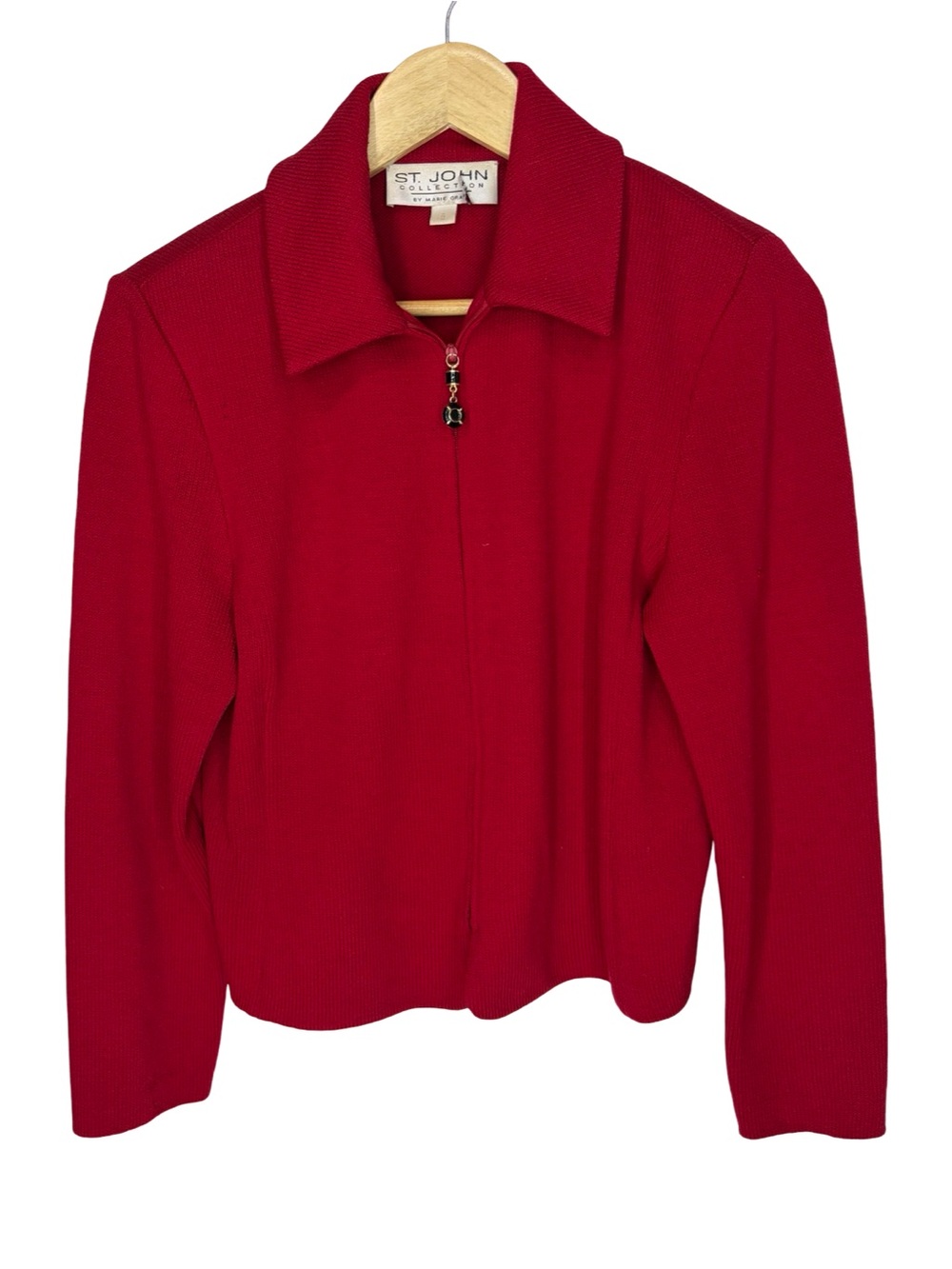 St. John Red Zip-Front Knit Top with Decorative Pull